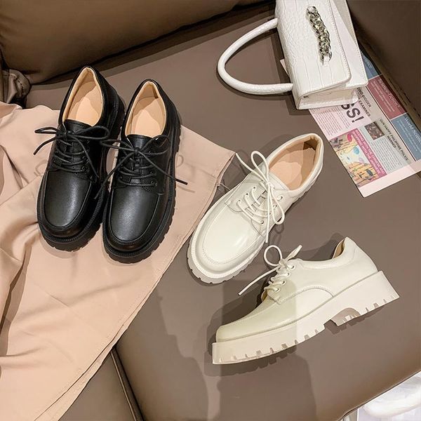 

dress shoes women genuine leather spring british style white women's loafers round toe casual platform, Black