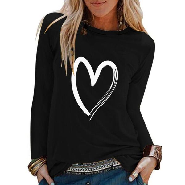 

women's t-shirt womens casual heart print long sleeve plus size autumn o-neck female loose pullover shirt for 2021 streetwear, White