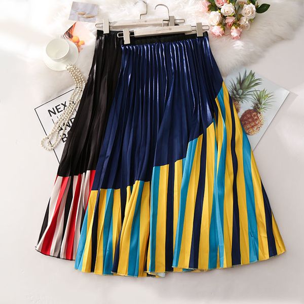 

skirts autumn women fashion high waist slim stretch a-line stitching pleated ladies mid-calf zebra-stripe swing long wygu, Black