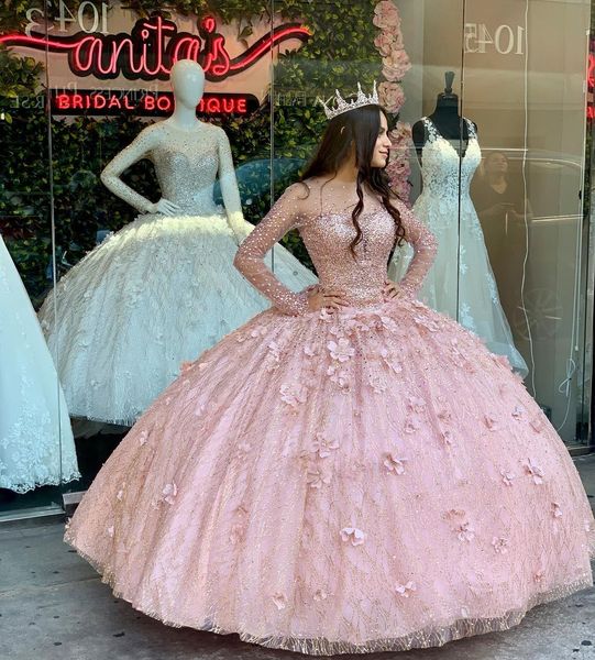 Розовое золото с длинным рукавом Quinceanera платья блестение кровожадных корсетов Сладкие 16 платья PROP PROMESS BRIDAL BUTIQUE VESTIDO DE 15 ANOS