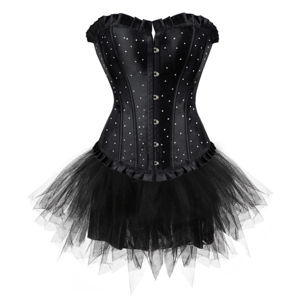 

womens sexy corset and skirt Rhinestone lace dress waist trainer bustier and lingerie fancy girl showtime -2XL, Black