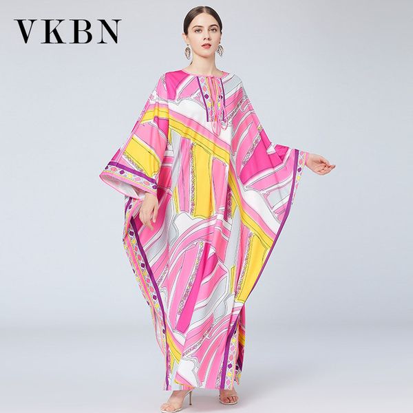

vkbn spring autumn maxi silk dresses for women party office lady long sleeve fashion printed loose women dress up 210507, Black;gray