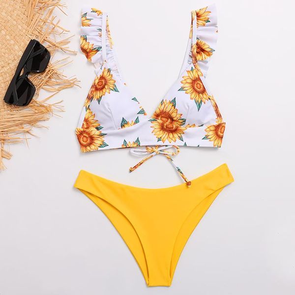 

bikinis print bikini set swimwear women swimsuit high waist bathing suit push up sunflower beachwear biquini one-piece suits