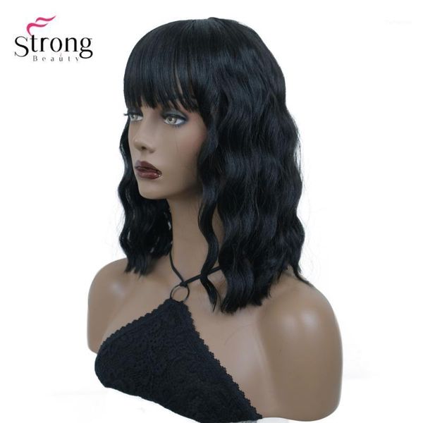 

strongbeauty synthetic wig hair neat bangs natural wavy nedium long bob wigs for woman1, Black