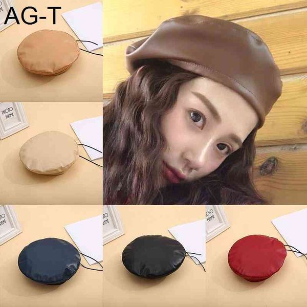 

women fashion beret solid faux pu leather beret french artist warm beanie hat fall hats for women 2021 winter, Blue;gray