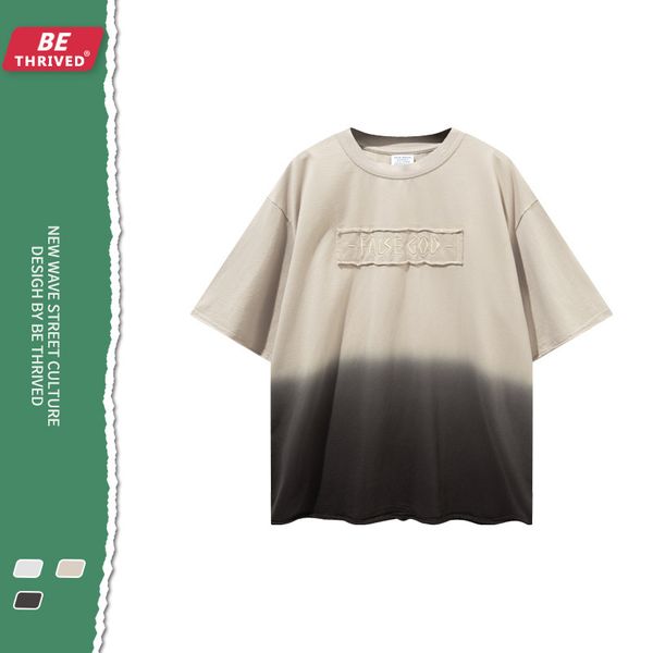 

be menswear | 2021 summer hanging dyeing three-dimensional embroidery splicing short sve american fog fenggao street fashion brand t-shirt, White;black