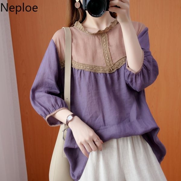 

neploe women summer new sweet blusas mujer lace patchwork contrast color shirt stand neck loose vintage blouse 95447 210422, White