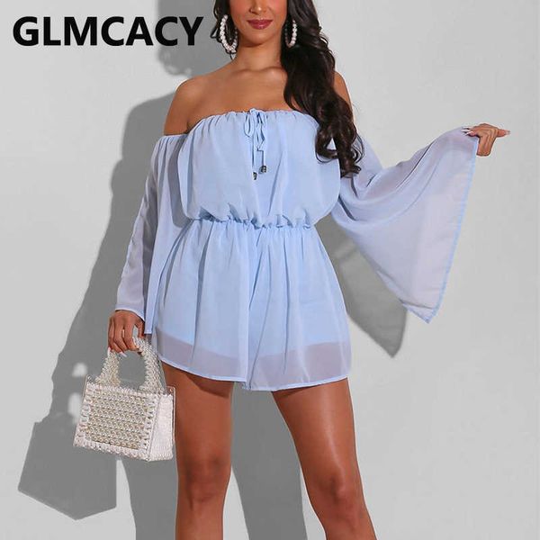 

off shoulder chiffon playsuit casual summer solid sweet rompers 210702, Black;white