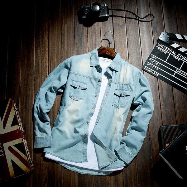 

men's casual shirts spring and autumn long-sleeved denim shirt jacket wash water slim korean thin for men short sleeve, White;black