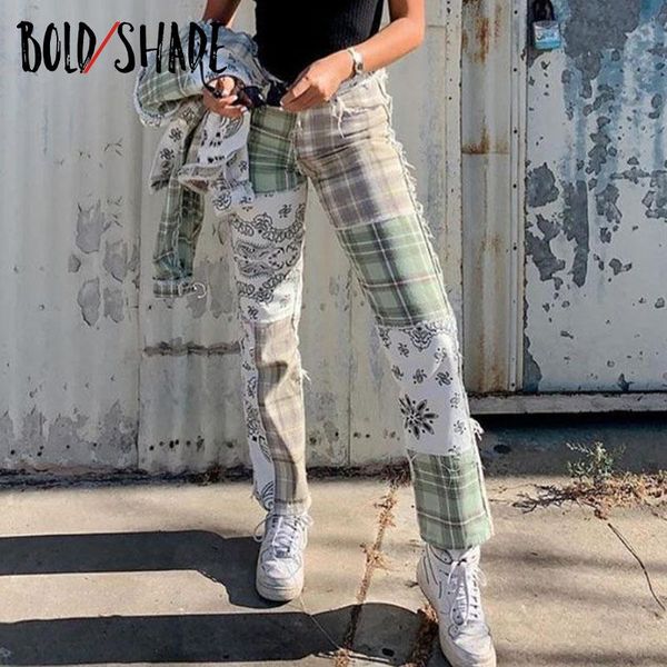 

bold shade skater style vintage streetwear baggy jeans ripped plaid 90s indie aesthetic pants patchwork women straight women's, Blue