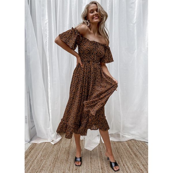 

2021 summer new women's skirt short sleeve off shoulder leopard dress, Black;gray