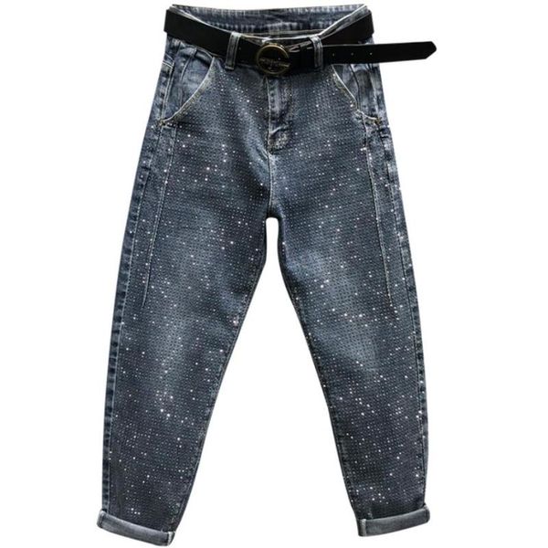 

women's jeans plus size 26-31fashion rhinestones diamond high waist women denim pants loose casual female harem, Blue