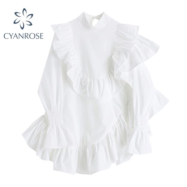

ruffle spliced design loose crop dress mock collar vintage elegant mini vestidos mujer white&black mori girl korean frocks 210430, Black;gray