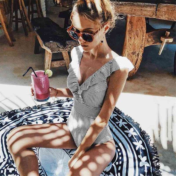 

striped swimsuit women push up one piece swimsuit print high waist swimwear female retro ruffled bodysuit, White;black