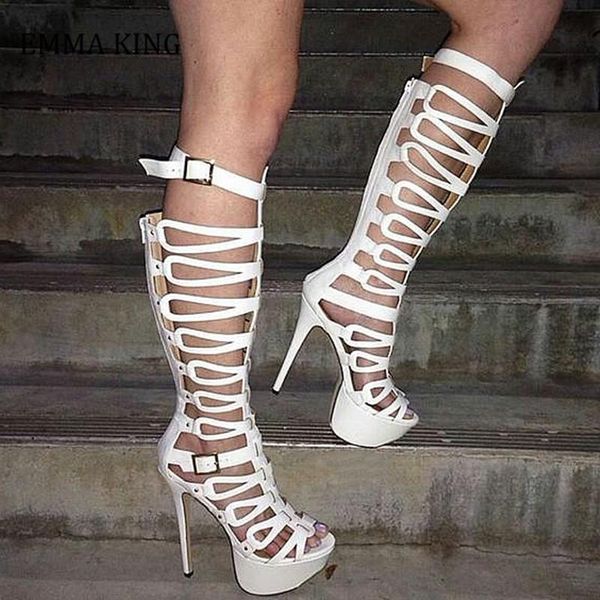 

boots 2021 gladiator knee-high platform high heels sandals cut-out leather straps cross sandal female, Black