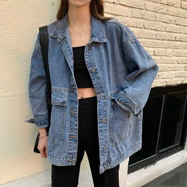 

women's sweaters denim korean style solid lapel long sleeve casual blue jacket outwear autumn winter loose jeans coats female dzpv, White;black