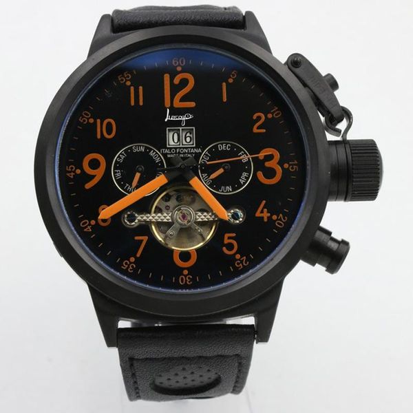 

wristwatches men luxury watch black sapphire glass leather strap u style automatic self wind movement luminous boat + wristwatch, Slivery;brown