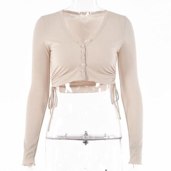 

women's t-shirt fashion v-neck long sleeve single breaste drawstring, White