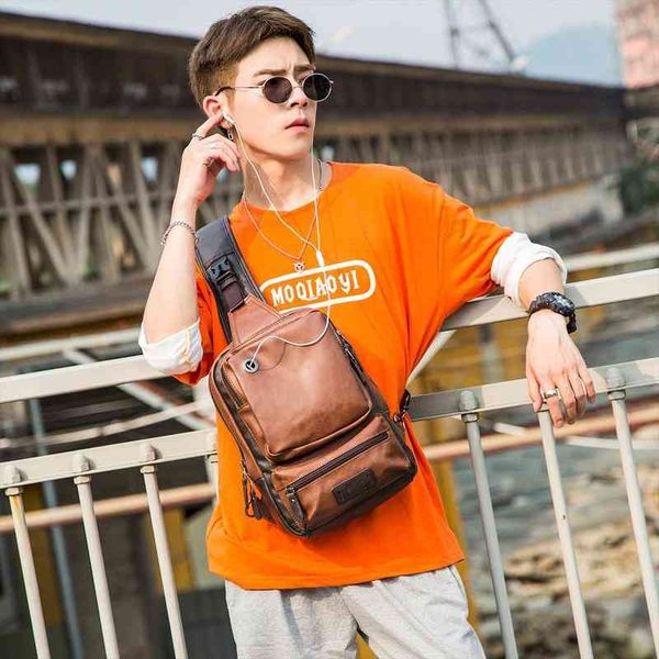 

fashion mens backpack pu leather chest bag black small pockets men travel male
