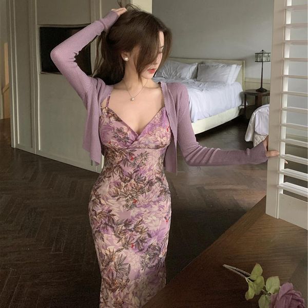 

casual dresses summer floral dress women vintage v-neck sling bag hip split + purple thin cardigan jacket two-piece female beach 2021, Black;gray