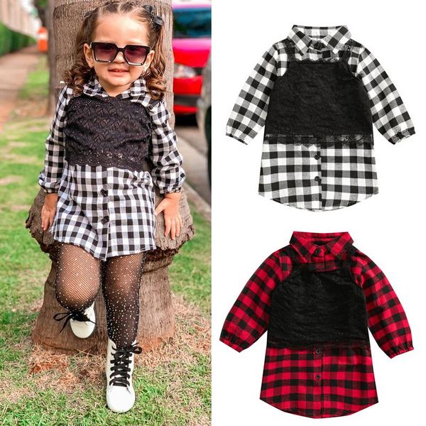 

girl's dresses focusnorm 1-5y autumn kids girl lovely dress 2pcs long sleeve plaid printed blouse lace camisoles, Red;yellow