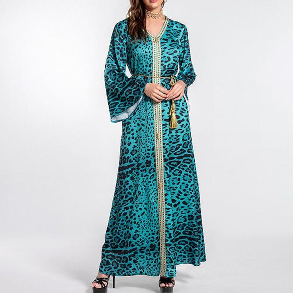 

casual dresses 2021 muslim women's middle east fashion leopard print dress lace robe v-neck long sleeve western style, Black;gray
