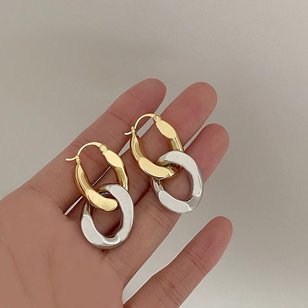 

hoop & huggie aensoa vintage cuban chain geometric gold silver color earrings for women simple metal style detachable jewelry, Golden;silver