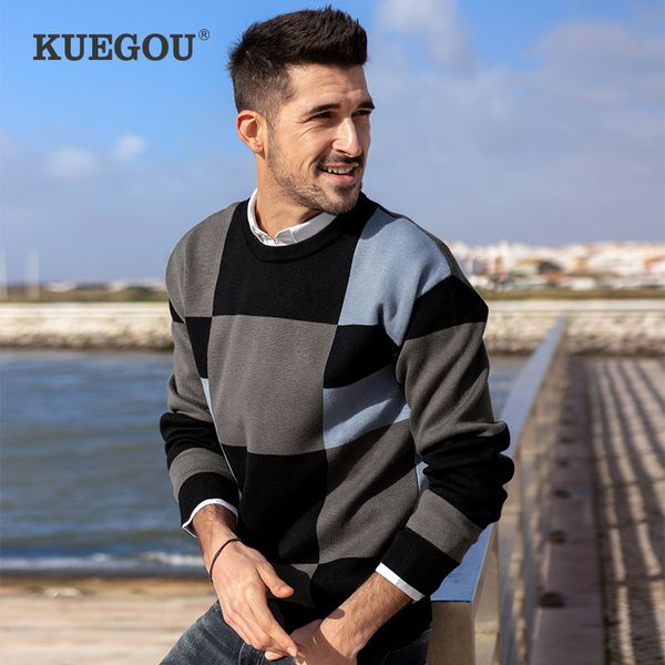 

kuegou autumn winter clothing patchwork color mens sweater fashion pullovers warm sweaters knitted plus size ayz-9138 210524, White;black