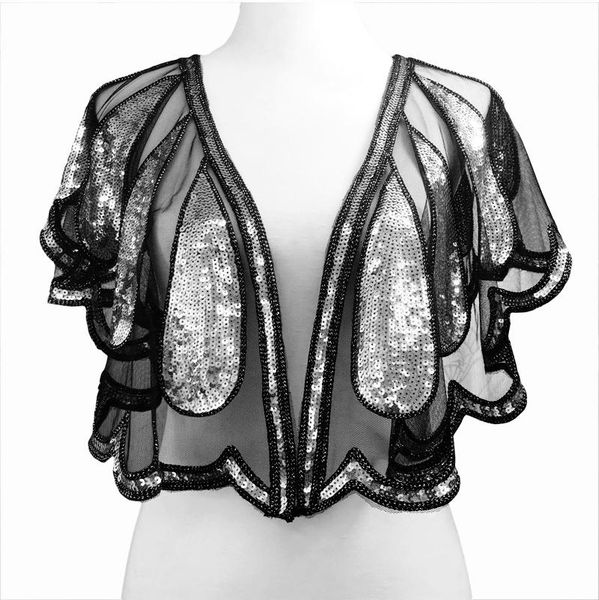 

women's blouses & shirts women scarves 1920s flapper embroidery fringe shawl cover up gatsby party beaded sequin cape vintage mesh scar, White