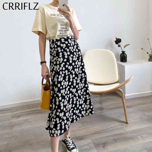 

summer chiffon floral midi skirt women a-line casual high waist mid-calf crriflz 210520, Black