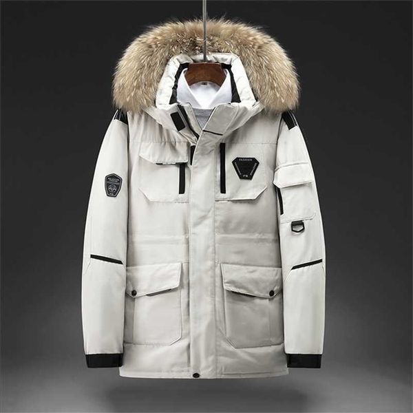 

winter men solid color parkas white duck down men's stand collar warm thick jacket male detachable hat casual parka coat 220105, Black