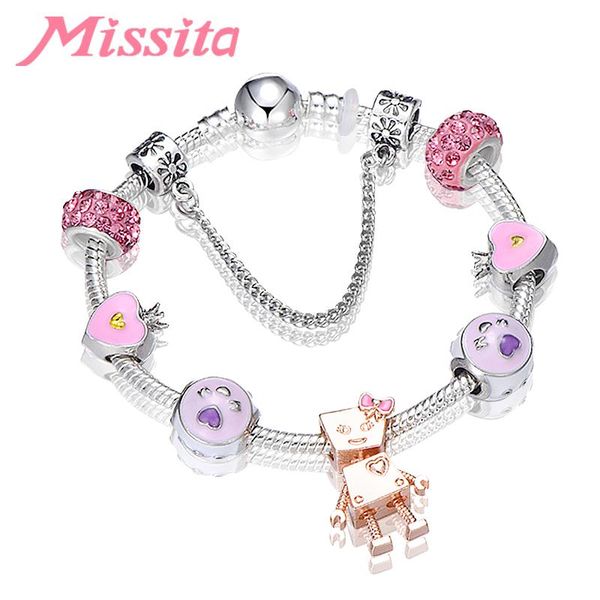 

charm bracelets missita romantic lovely bella robot bracelet with pink beads brand for women anniversary wedding gift, Golden;silver