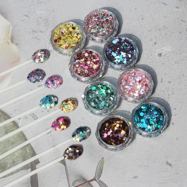 

8colors nail sequins korea flash powder mirror glitter flakes,holographic laser sparkly slices mix size chunky art1, Silver;gold
