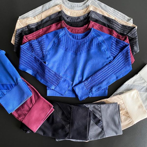 

yoga outfit seamless set women two 2 piece long sleeve crop hollow out t-shirt leggings tracksuit clothes gym wear sport fitness