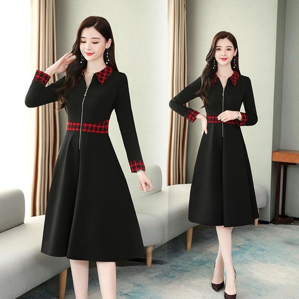 

casual dresses spring shirt collar houndstooth vestidos de festa red black stitching slim dress female pastel clothes for women, Black;gray