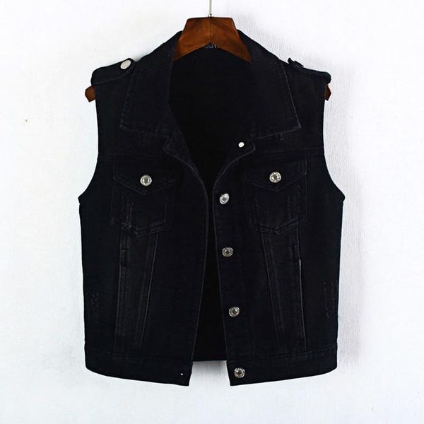 

women's vests spring denim vest women casual colete coat vintage cardigan jean sleeveless turn-down collar breasted woman clothing y462, Black;white
