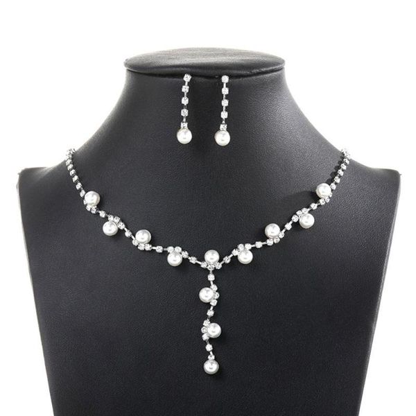 

earrings & necklace fashion women rhinestone faux pearl pendant stud jewelry set, Silver