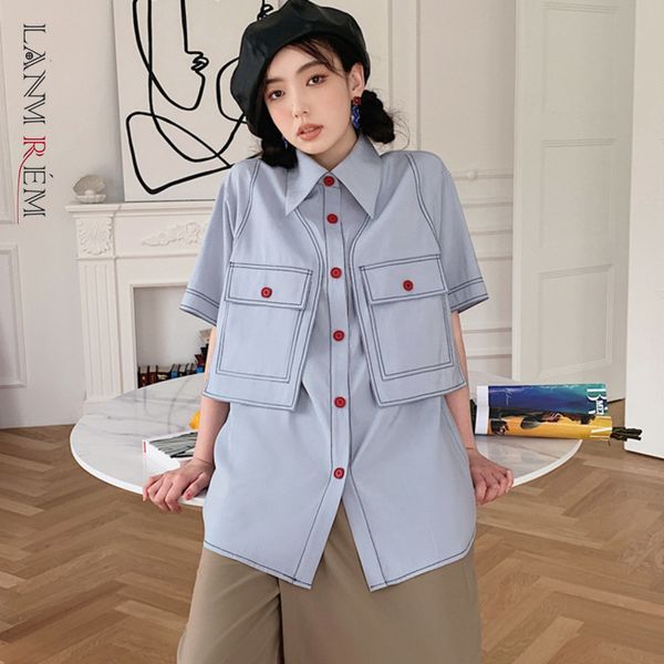 

women blue big pocket bright line shirt loose lapel short sleeve shirts female fashion tide summer 2h154 210507, White