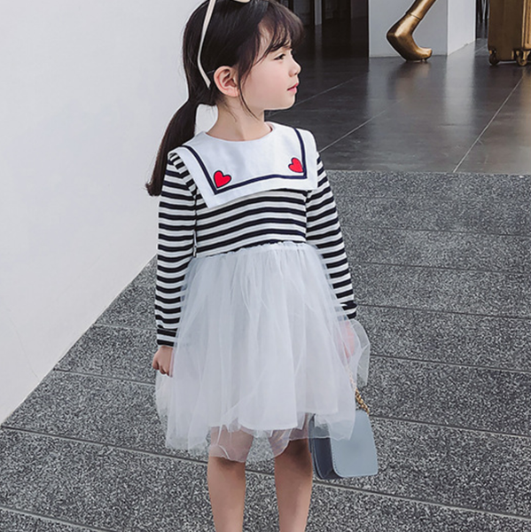 

pattern striped kids dresses for girls autumn long sleeve dress 2y 3y 4y children princess dress for party clothes, White