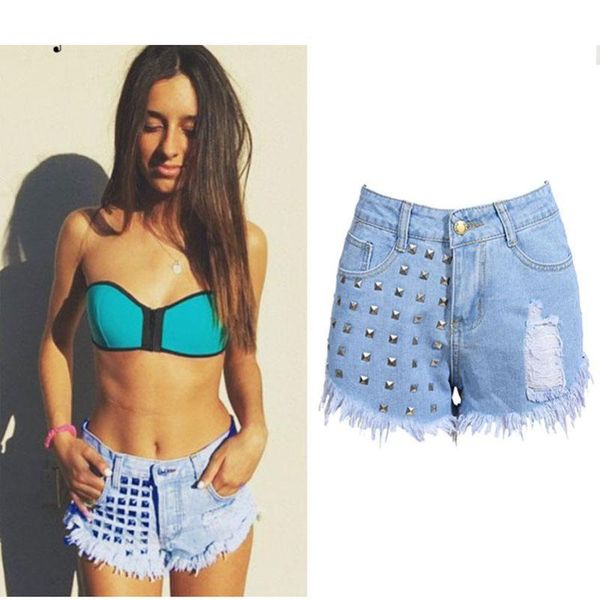 

women's jeans summer womens hole ripped denim shorts beach short tassel vintage high waist boyfriend punk white blue rivet