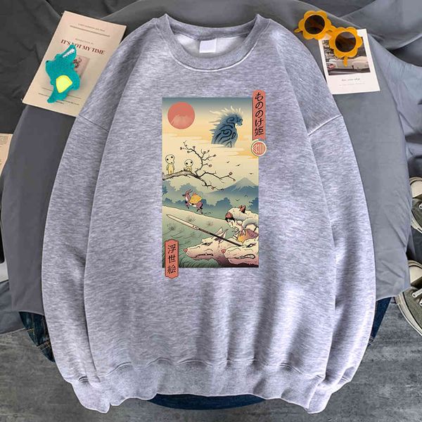 

men's hoodie, ukiyo, princs, wolf, japane animation, polar lining, loose pocket, harajuku retro style, Black