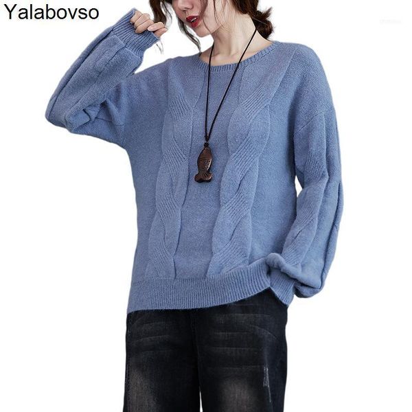 

korean version simple and trend pure color twist sweater knitwear bottoming woman o neck blue pullovers female1, Black;white
