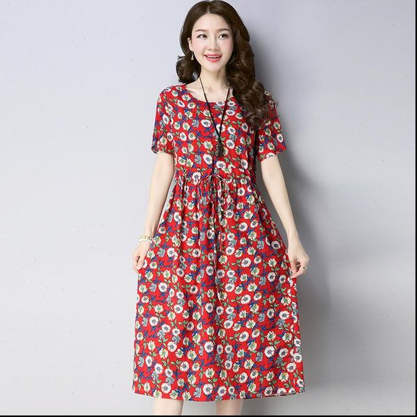 

womens dresses summer floral printed cotton linen dress sweet women o neck short sleeve vestidos femininos midi, Black;gray