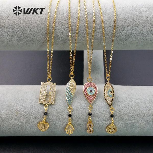 

pendant necklaces wt-mn915 wholesale custom micro paved cz charm necklace lovely black bead with eye,feather nacklace for women, Silver