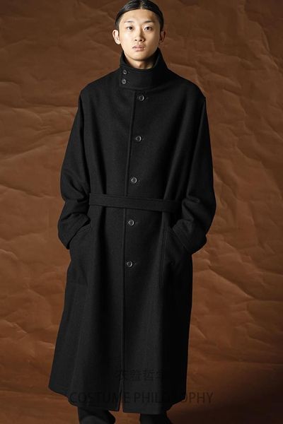 

men's trench coats 2021 dark loose collar belt embellish autumn/winter long wool coat -6xl big yards, Tan;black