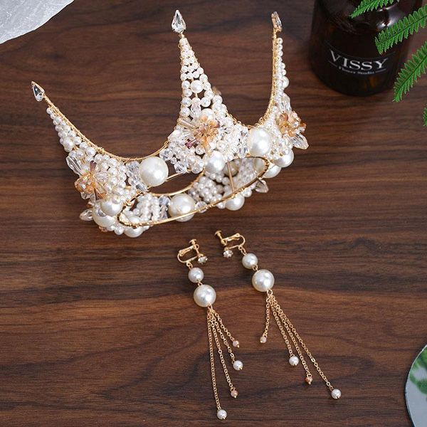 

hair clips & barrettes queen crown earrings set luxury handmade pearl decorated delicate super fairy birthday party girl bride ornaments ml, Golden;silver