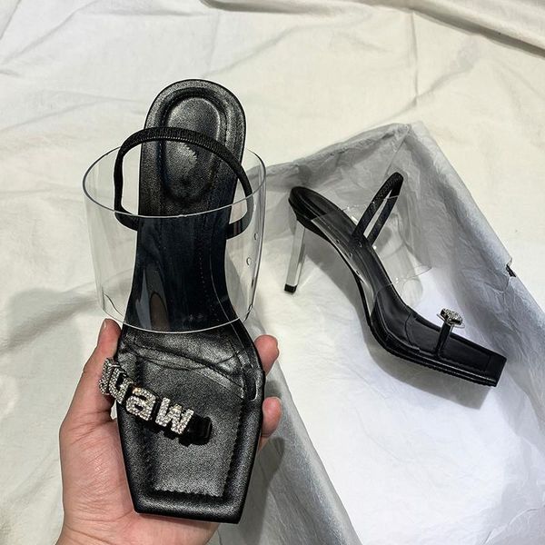 

handmade women black leather sandals vintage square toe summer shoes crystal letters decor thin high heels party zapatos
