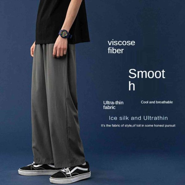 

summer thin ice silk casual women pant korean loose breathable straight leg streetwear wide mens trousers, Black