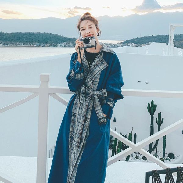 

women's trench coats blue stitching long windbreaker 2021 spring autumn korean loose contrast color fashion high-quality lining coat 59, Tan;black
