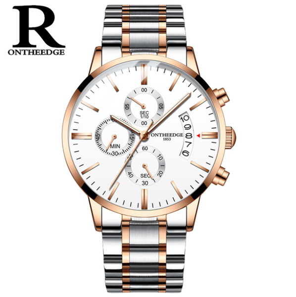 

wristwatches ontheedge fashion men's quartz watch chronograph sport men watches full steel waterproof clock male wristwatch, Slivery;brown